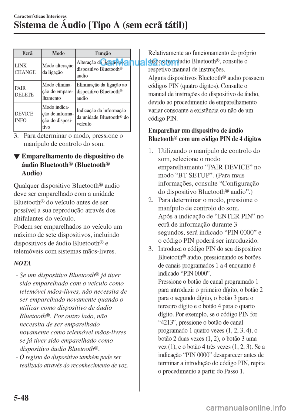 MAZDA MODEL CX-5 2017  Manual do proprietário (in Portuguese) Ecrã Modo Função
LINK
CHANGEModo alteração
da ligaçãoAlteração da ligação ao
dispositivo Bluetooth
®
audio
PA I R
DELETEModo elimina-
ção do empare-
lhamentoEliminação da ligação ao
