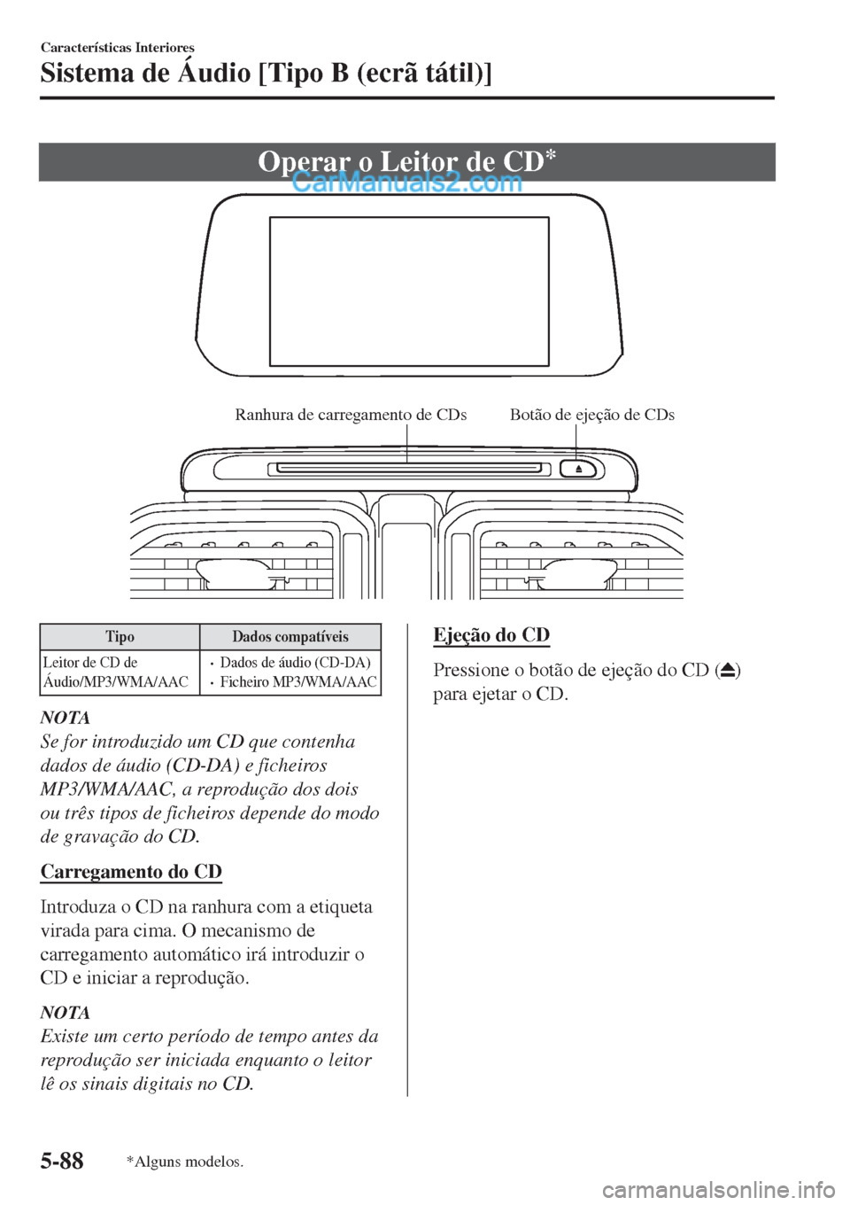 MAZDA MODEL CX-5 2017  Manual do proprietário (in Portuguese) Operar o Leitor de CD*
Ranhura de carregamento de CDs Botão de ejeção de CDs
Tipo Dados compatíveis
Leitor de CD de
Áudio/MP3/WMA/AAC
•Dados de áudio (CD-DA)•Ficheiro MP3/WMA/AAC
NOTA
Se for