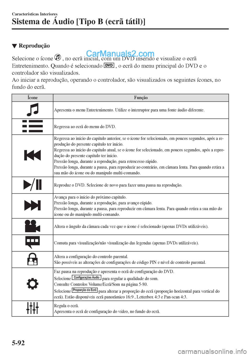 MAZDA MODEL CX-5 2017  Manual do proprietário (in Portuguese) ▼Reprodução
Selecione o ícone  , no ecrã inicial, com um DVD inserido e visualize o ecrã
Entretenimento. Quando é selecionado 
 , o ecrã do menu principal do DVD e o
controlador são visualiz