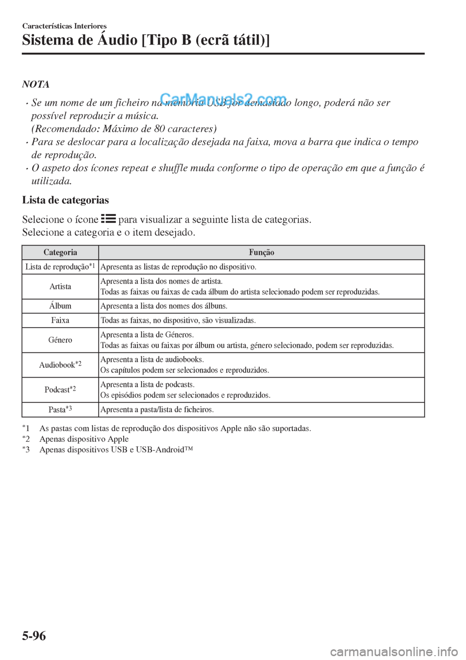 MAZDA MODEL CX-5 2017  Manual do proprietário (in Portuguese) NOTA
•Se um nome de um ficheiro na memória USB for demasiado longo, poderá não ser
possível reproduzir a música.
(Recomendado: Máximo de 80 caracteres)
•Para se deslocar para a localização