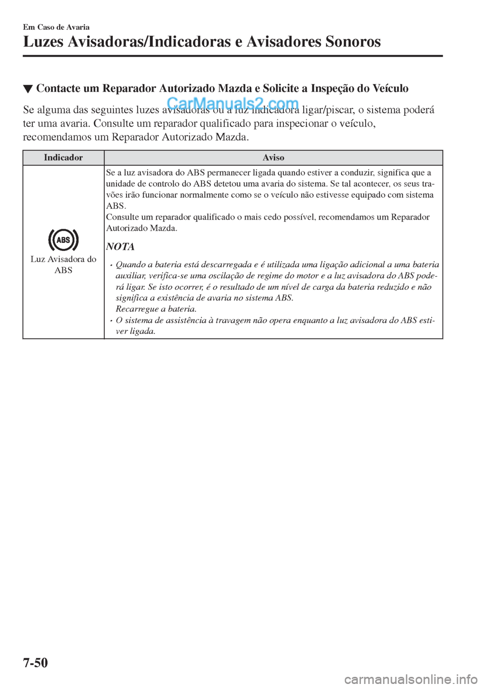 MAZDA MODEL CX-5 2017  Manual do proprietário (in Portuguese) ▼Contacte um Reparador Autorizado Mazda e Solicite a Inspeção do Veículo
Se alguma das seguintes luzes avisadoras ou a luz indicadora ligar/piscar, o sistema poderá
ter uma avaria. Consulte um r