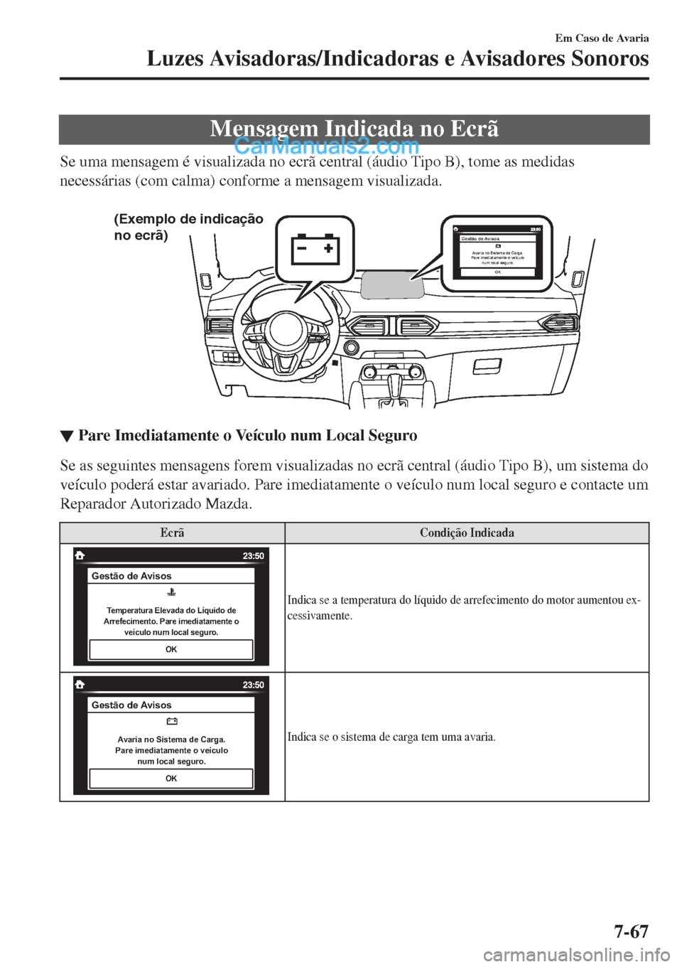 MAZDA MODEL CX-5 2017  Manual do proprietário (in Portuguese) Mensagem Indicada no Ecrã
Se uma mensagem é visualizada no ecrã central (áudio Tipo B), tome as medidas
necessárias (com calma) conforme a mensagem visualizada.
 
�	�&�Y�F�N�Q�M�P��E�F��J�O�E�J