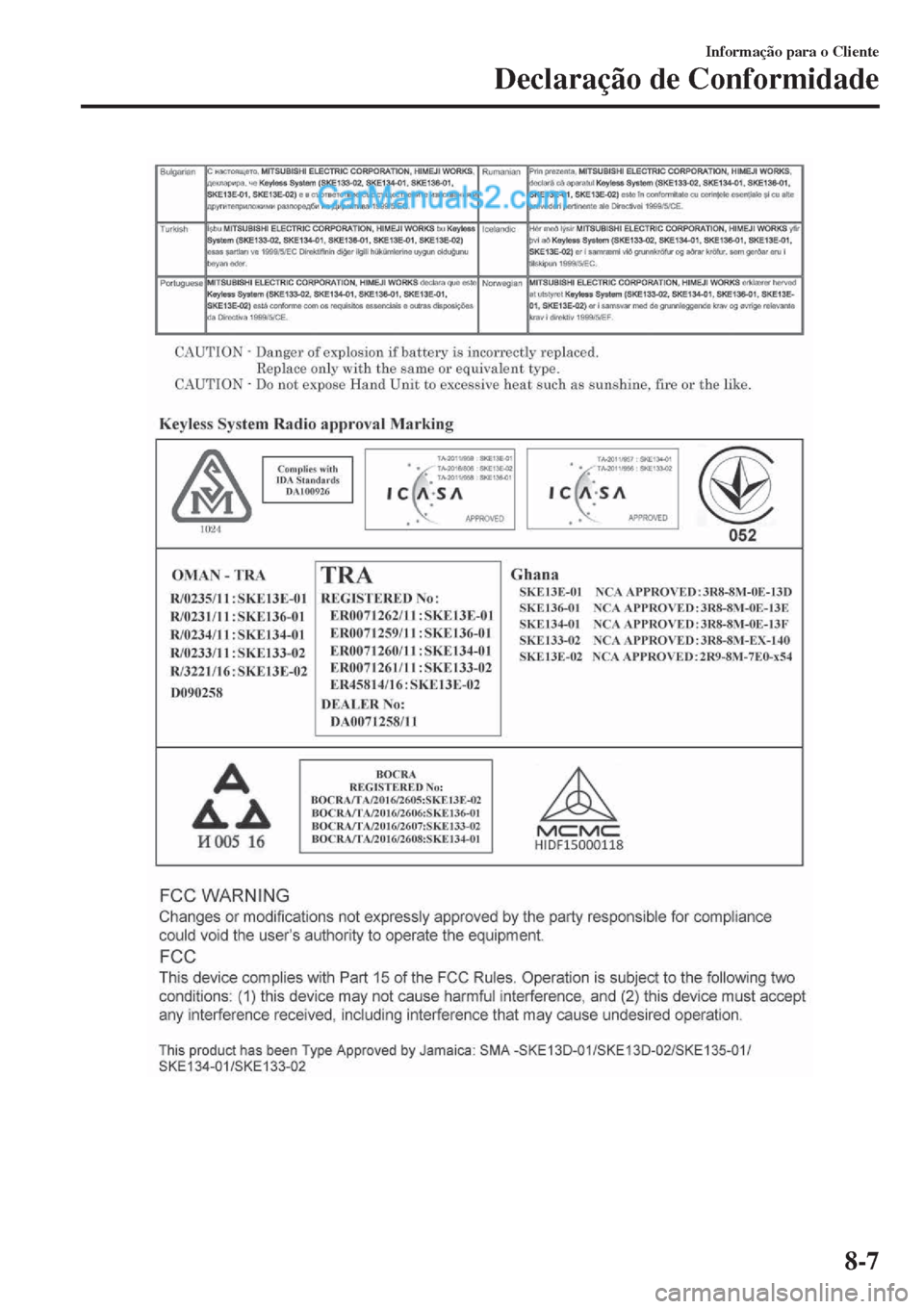 MAZDA MODEL CX-5 2017  Manual do proprietário (in Portuguese) Informação para o Cliente
Declaração de Conformidade
8-7  