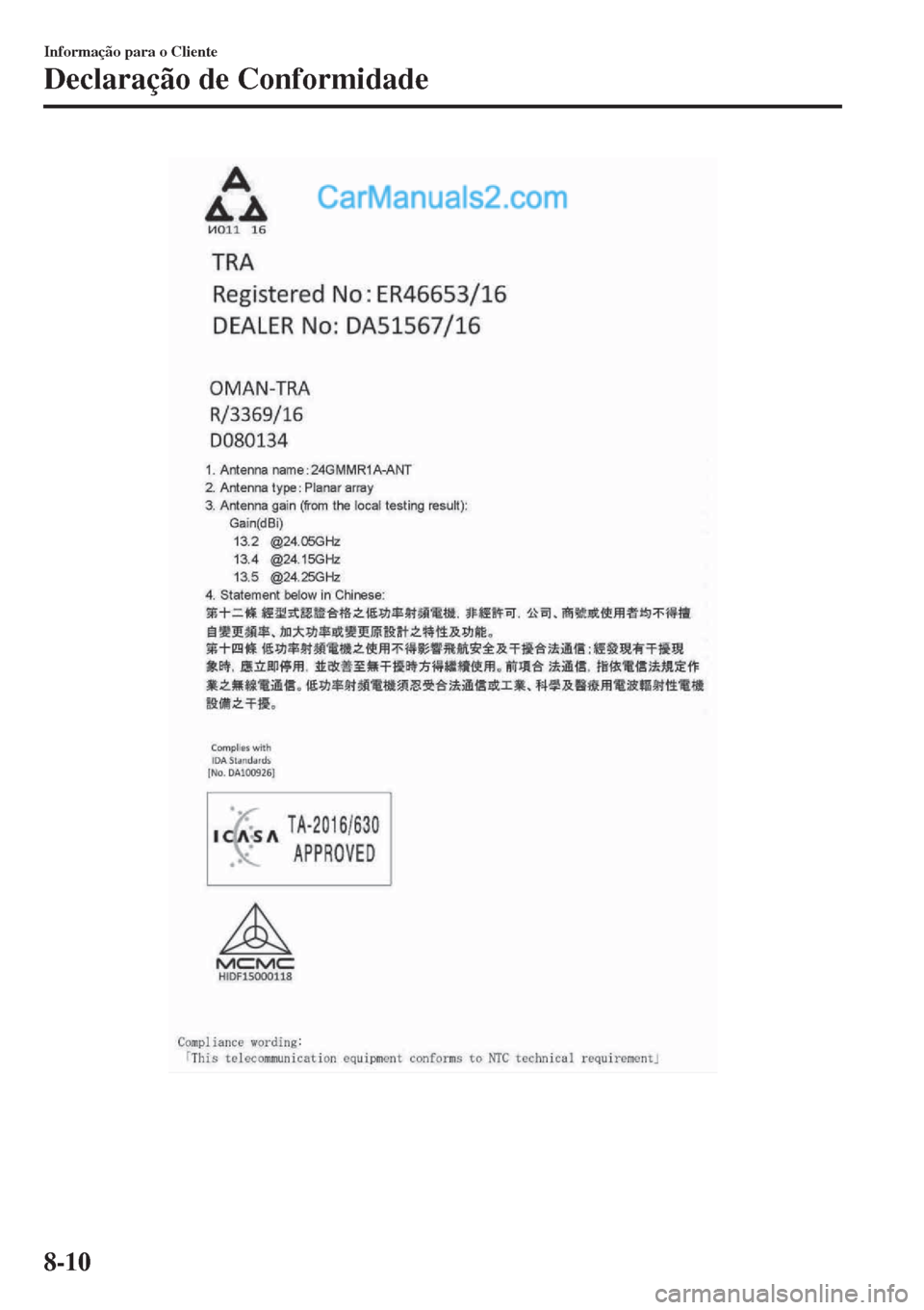 MAZDA MODEL CX-5 2017  Manual do proprietário (in Portuguese) Informação para o Cliente
Declaração de Conformidade
8-10  