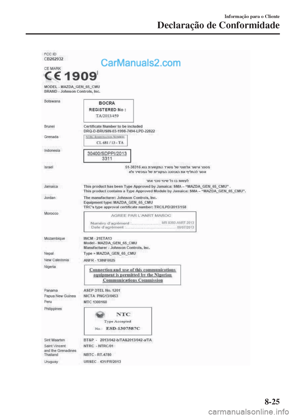 MAZDA MODEL CX-5 2017 Manual do proprietário (in Portuguese) Informação para o Cliente
Declaração de Conformidade
8-25 MAZDA MODEL CX-5 2017 Manual do proprietário (in Portuguese) Informação para o Cliente
Declaração de Conformidade
8-25