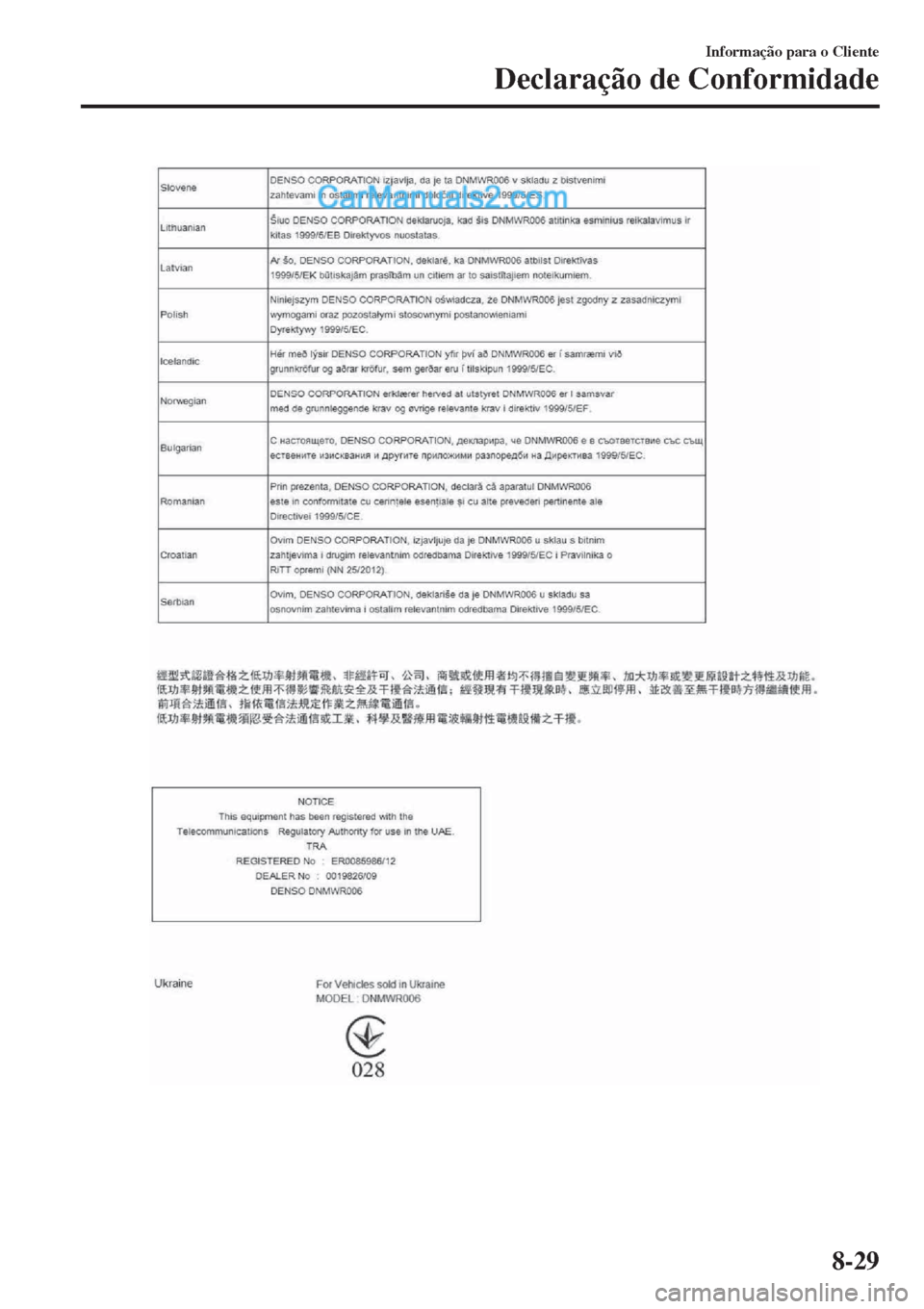 MAZDA MODEL CX-5 2017 Manual do proprietário (in Portuguese) Informação para o Cliente
Declaração de Conformidade
8-29 MAZDA MODEL CX-5 2017 Manual do proprietário (in Portuguese) Informação para o Cliente
Declaração de Conformidade
8-29