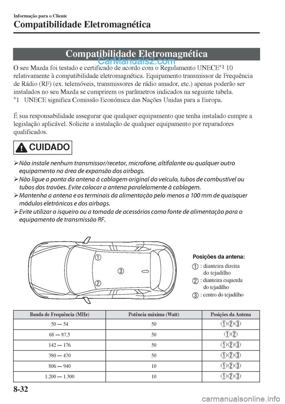 MAZDA MODEL CX-5 2017  Manual do proprietário (in Portuguese) Compatibilidade Eletromagnética
O seu Mazda foi testado e certificado de acordo com o Regulamento UNECE*1 10
relativamente à compatibilidade eletromagnética. Equipamento transmissor de Frequência

