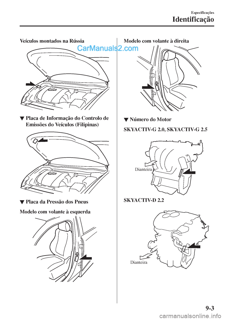 MAZDA MODEL CX-5 2017  Manual do proprietário (in Portuguese) Veículos montados na Rússia
▼Placa de Informação do Controlo de
Emissões do Veículos (Filipinas)
▼Placa da Pressão dos Pneus
Modelo com volante à esquerda
Modelo com volante à direita
▼