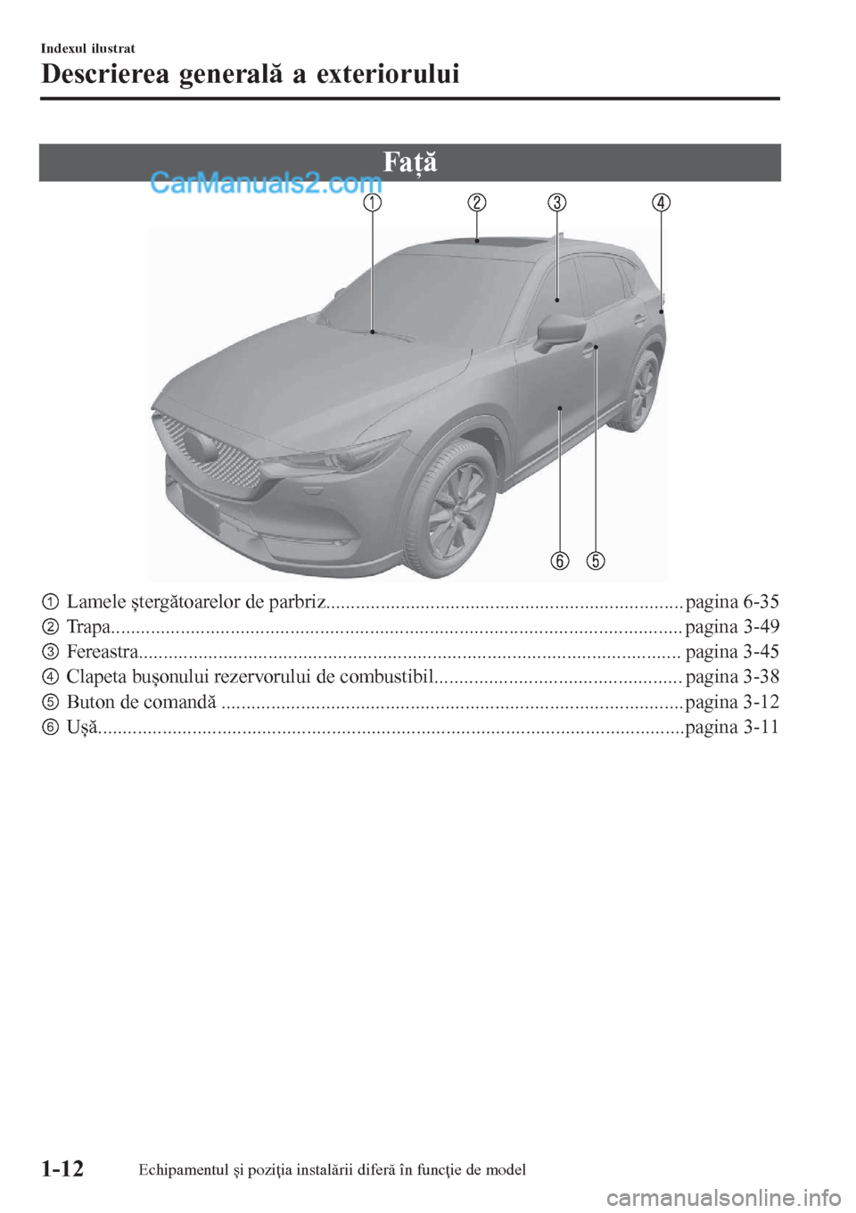 MAZDA MODEL CX-5 2017  Manualul de utilizare (in Romanian) Fa ţ ă
pLamele ștergătoarelor de parbriz........................................................................ pagina 6-35
qTrapa...............................................................