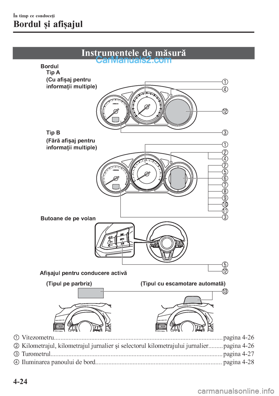 MAZDA MODEL CX-5 2017  Manualul de utilizare (in Romanian) Instrumentele de măsură
Butoane de pe volan
Afișajul pentru conducere activă
Tip A
(Cu afișaj pentru 
informații multiple)
(Fără afișaj pentru 
informații multiple) Bordul
Tip B
(Tipul pe pa
