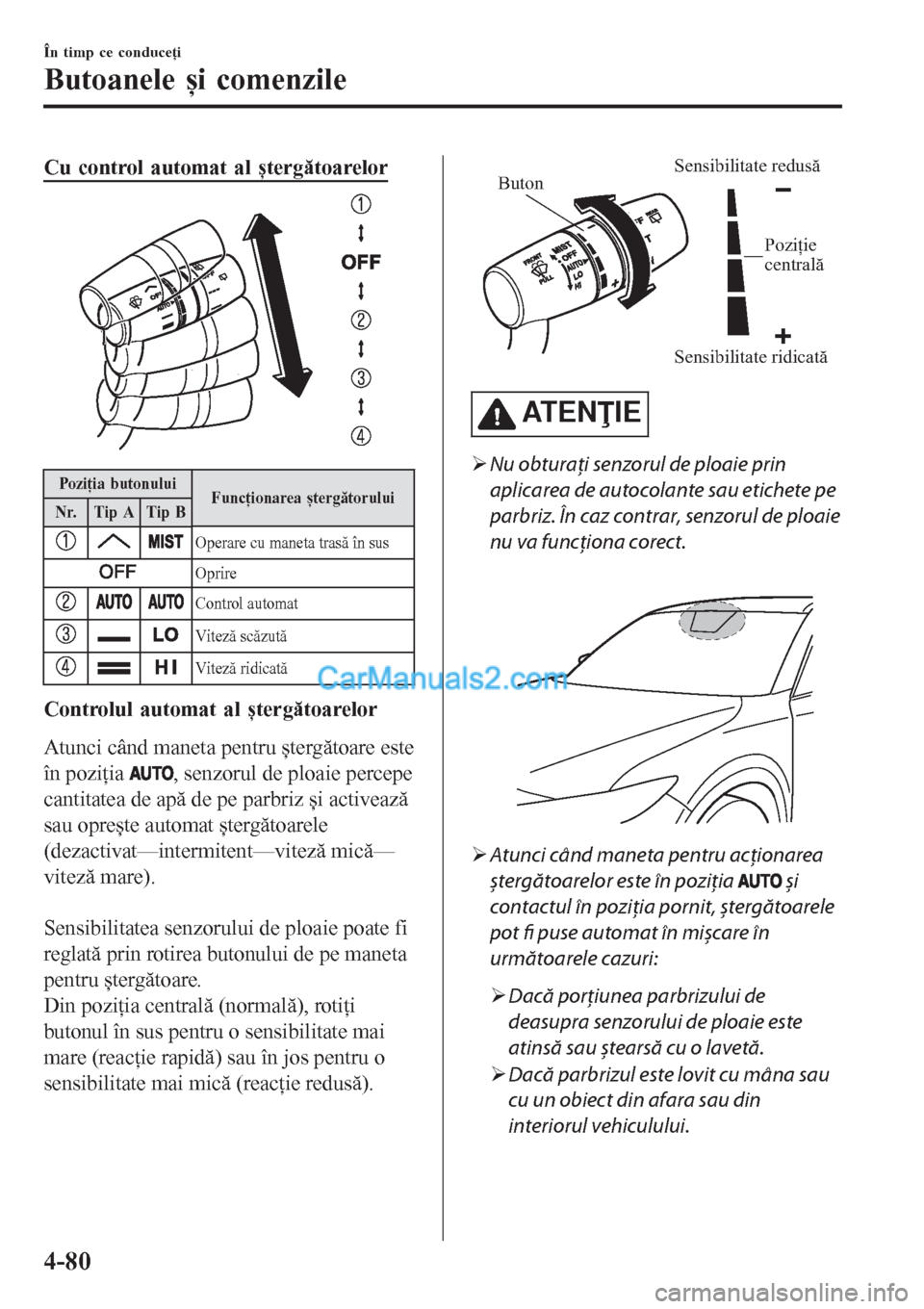 MAZDA MODEL CX-5 2017 Manualul de utilizare (in Romanian) Cu control automat al ștergătoarelor
Poz i ţi a b u t o nu lu i
Funcţionarea ștergătorului
Nr. Tip A Tip B
Operare cu maneta trasă în sus
Oprire
Control automat
Viteză scăzută
Viteză ridi MAZDA MODEL CX-5 2017 Manualul de utilizare (in Romanian) Cu control automat al ștergătoarelor
Poz i ţi a b u t o nu lu i
Funcţionarea ștergătorului
Nr. Tip A Tip B
Operare cu maneta trasă în sus
Oprire
Control automat
Viteză scăzută
Viteză ridi