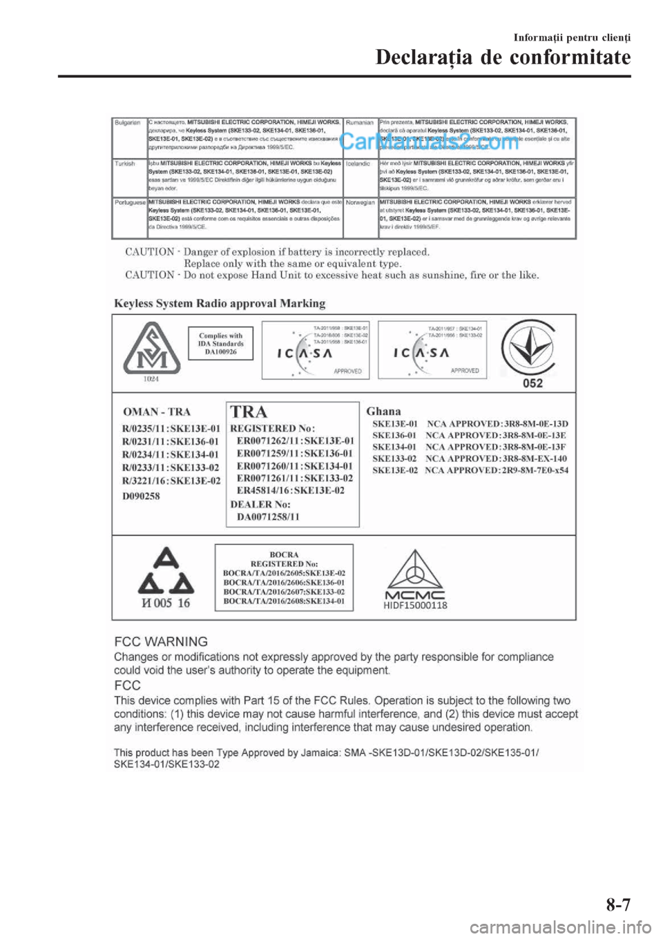 MAZDA MODEL CX-5 2017  Manualul de utilizare (in Romanian) Informaţii pentru clienţi
Declaraţia de conformitate
8-7  