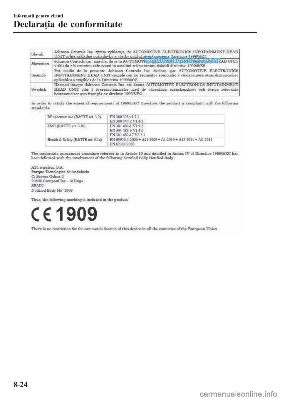 MAZDA MODEL CX-5 2017  Manualul de utilizare (in Romanian) Informaţii pentru clienţi
Declaraţia de conformitate
8-24  