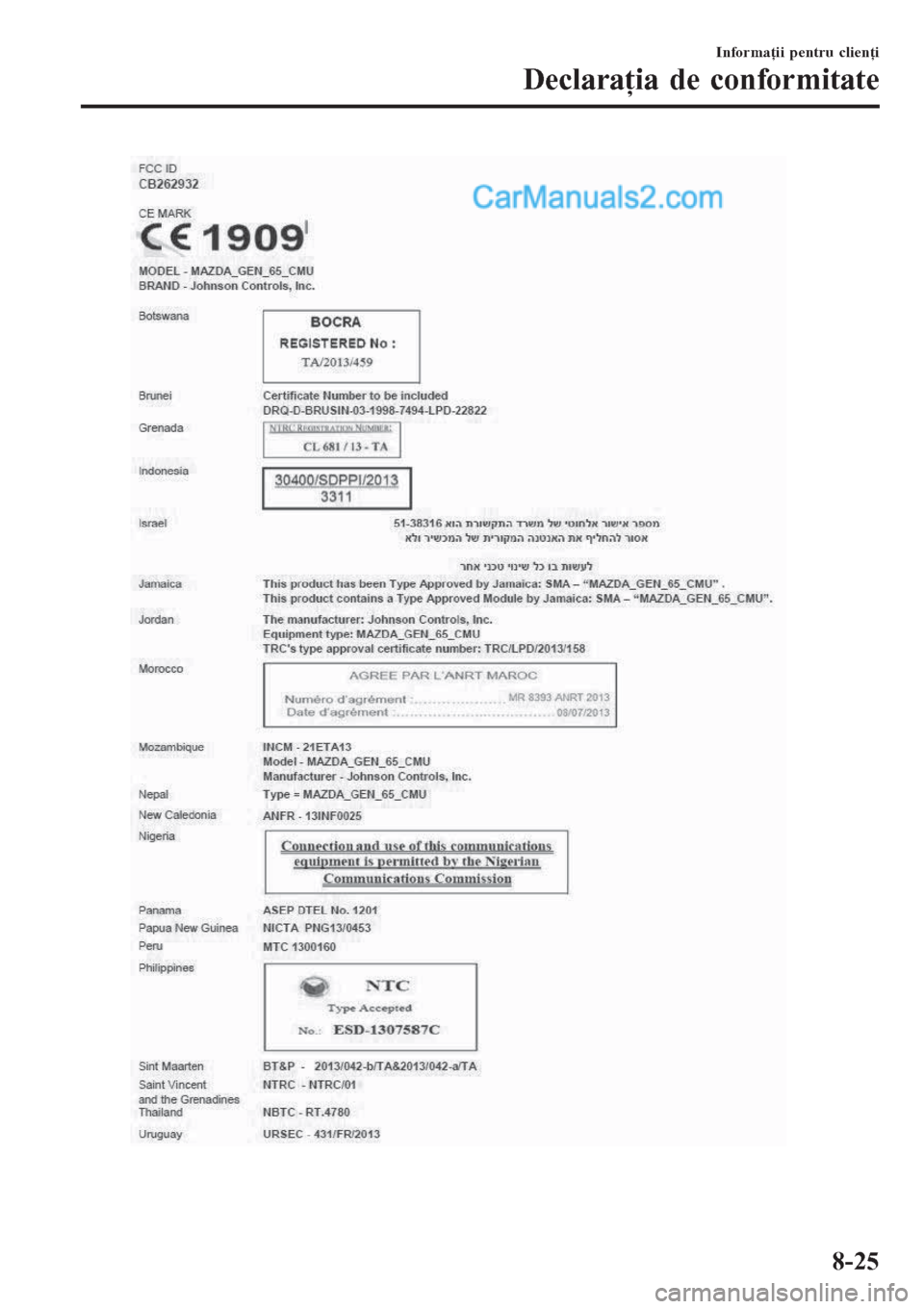 MAZDA MODEL CX-5 2017  Manualul de utilizare (in Romanian) Informaţii pentru clienţi
Declaraţia de conformitate
8-25  