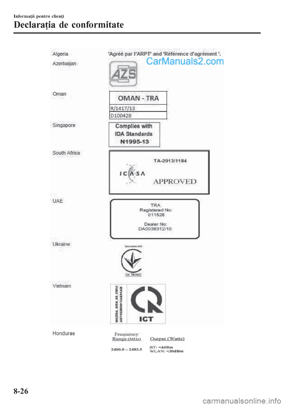 MAZDA MODEL CX-5 2017  Manualul de utilizare (in Romanian) Informaţii pentru clienţi
Declaraţia de conformitate
8-26  