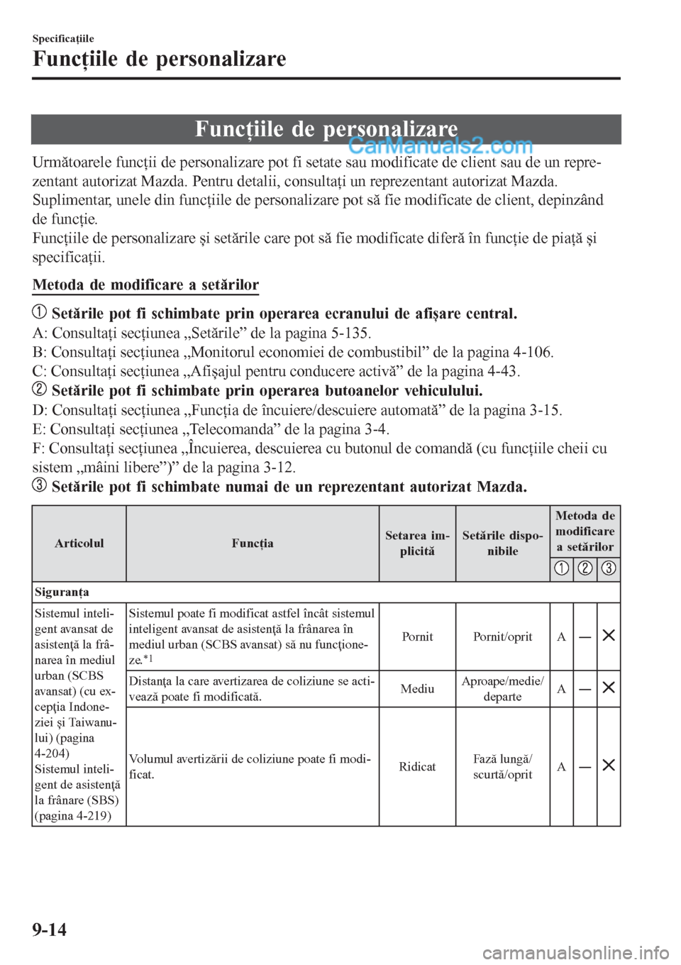 MAZDA MODEL CX-5 2017  Manualul de utilizare (in Romanian) Funcţiile de personalizare
Următoarele funcţii de personalizare pot fi setate sau modificate de client sau de un repre-
zentant autorizat Mazda. Pentru detalii, consultaţi un reprezentant autoriza