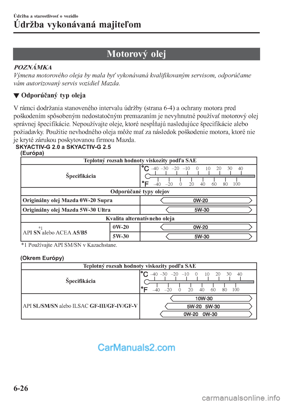 MAZDA MODEL CX-5 2017 Užívateľská príručka (in Slovak) Motorový olej
POZNÁMKA
Výmena motorového oleja by mala byť vykonávaná kvalifikovaným servisom, odporúčame
vám autorizovaný servis vozidiel Mazda.
▼Odporúčaný typ oleja
V rámci dodrž MAZDA MODEL CX-5 2017 Užívateľská príručka (in Slovak) Motorový olej
POZNÁMKA
Výmena motorového oleja by mala byť vykonávaná kvalifikovaným servisom, odporúčame
vám autorizovaný servis vozidiel Mazda.
▼Odporúčaný typ oleja
V rámci dodrž