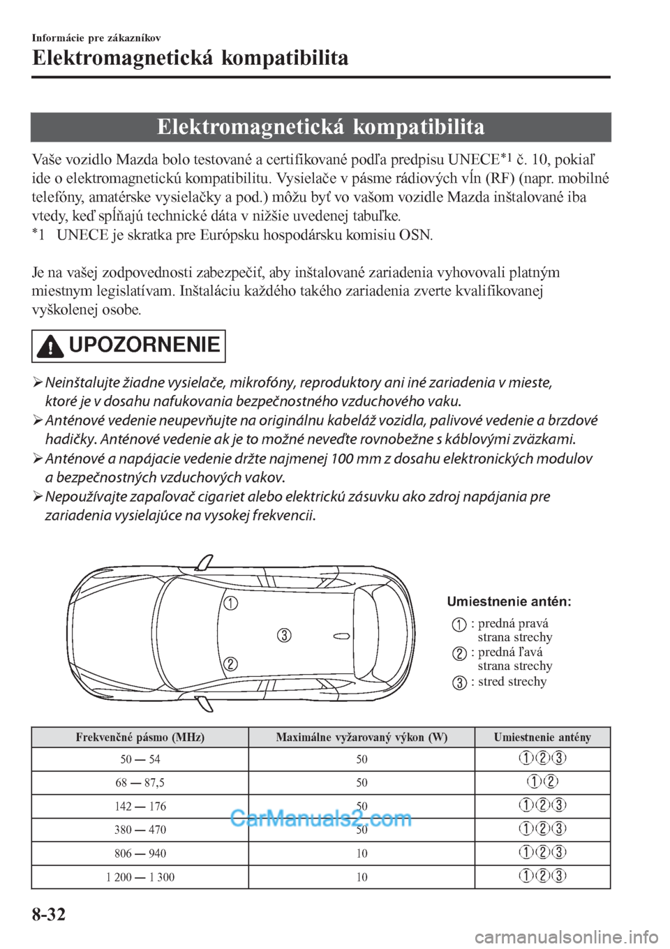 MAZDA MODEL CX-5 2017  Užívateľská príručka (in Slovak) Elektromagnetická kompatibilita
Vaše vozidlo Mazda bolo testované a certifikované podľa predpisu UNECE*1 č. 10, pokiaľ
ide o elektromagnetickú kompatibilitu. Vysielače v pásme rádiových v