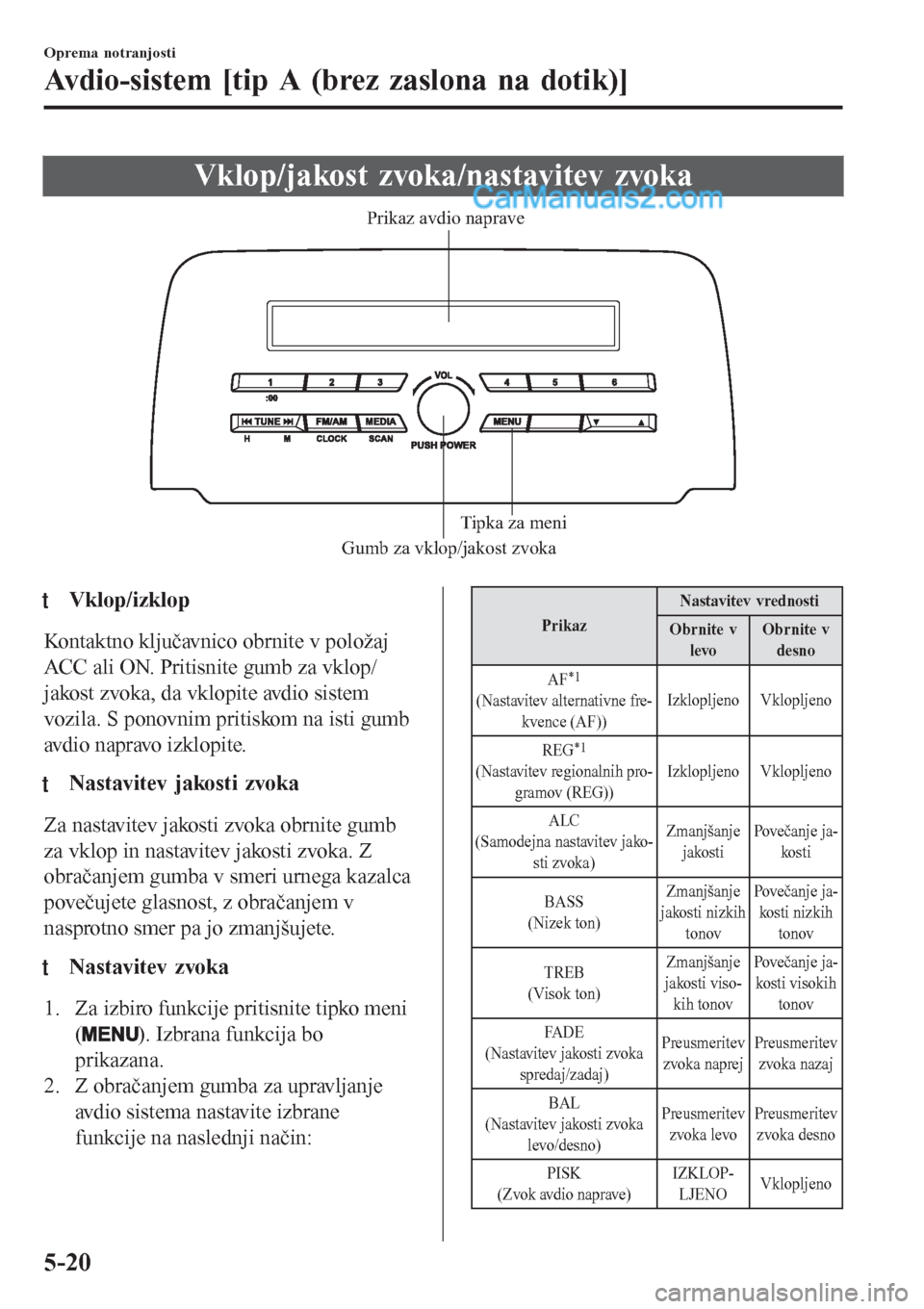 MAZDA MODEL CX-5 2017 Priročnik za lastnika (in Slovenian) Vklop/jakost zvoka/nastavitev zvoka
Gumb za vklop/jakost zvoka Tipka za meni Prikaz avdio naprave
ttVklop/izklop
Kontaktno ključavnico obrnite v položaj
ACC ali ON. Pritisnite gumb za vklop/
jakost MAZDA MODEL CX-5 2017 Priročnik za lastnika (in Slovenian) Vklop/jakost zvoka/nastavitev zvoka
Gumb za vklop/jakost zvoka Tipka za meni Prikaz avdio naprave
ttVklop/izklop
Kontaktno ključavnico obrnite v položaj
ACC ali ON. Pritisnite gumb za vklop/
jakost