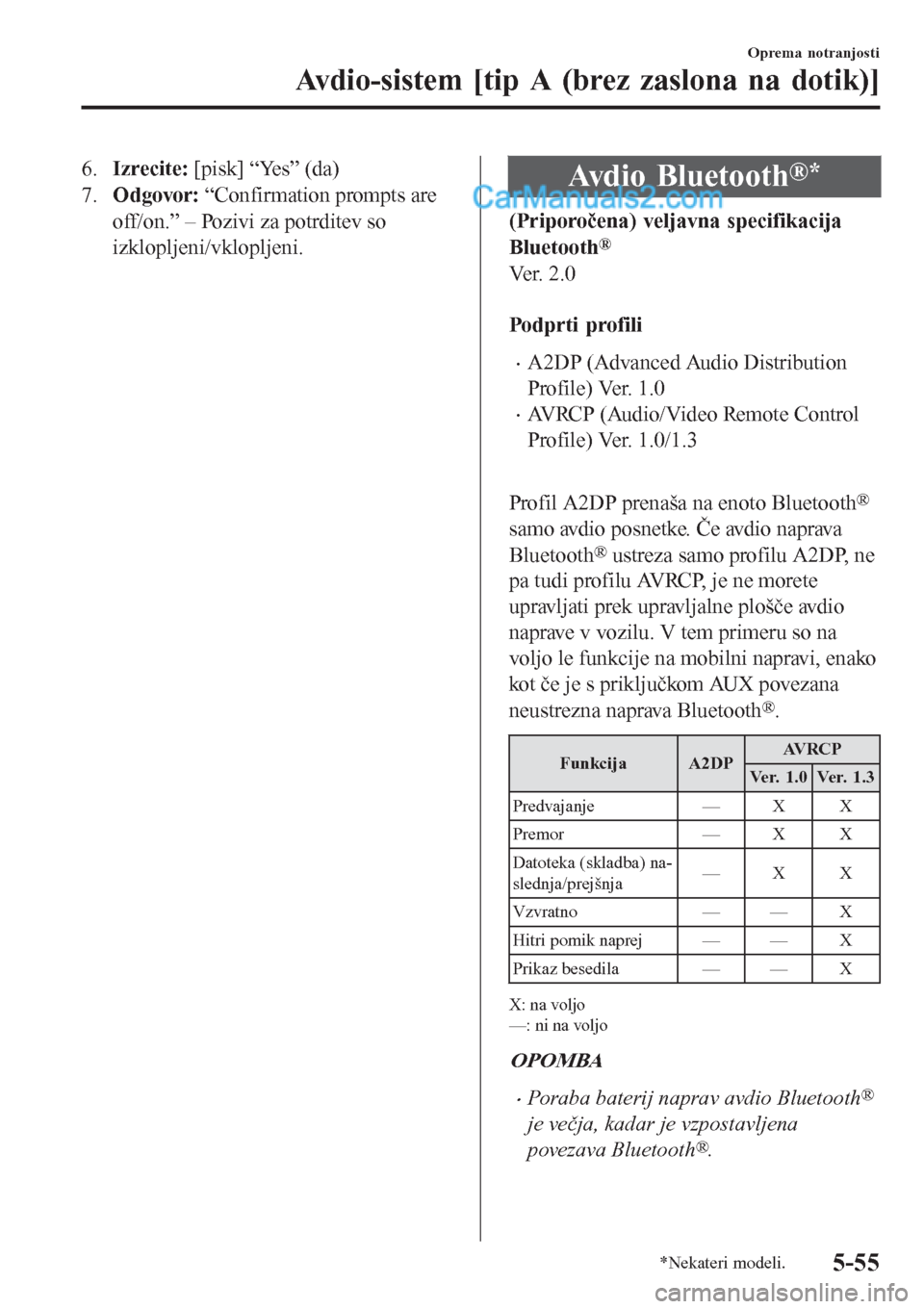 MAZDA MODEL CX-5 2017  Priročnik za lastnika (in Slovenian) 6.Izrecite: [pisk] “Yes” (da)
7.Odgovor: “Confirmation prompts are
off/on.” – Pozivi za potrditev so
izklopljeni/vklopljeni.Avdio Bluetooth®*
(Priporočena) veljavna specifikacija
Bluetooth