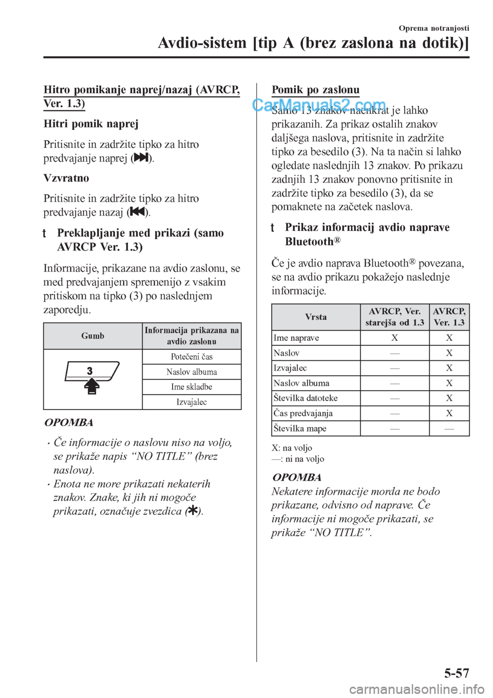 MAZDA MODEL CX-5 2017 Priročnik za lastnika (in Slovenian) Hitro pomikanje naprej/nazaj (AVRCP,
Ver. 1.3)
Hitri pomik naprej
Pritisnite in zadržite tipko za hitro
predvajanje naprej (
).
Vzvratno
Pritisnite in zadržite tipko za hitro
predvajanje nazaj (
).
MAZDA MODEL CX-5 2017 Priročnik za lastnika (in Slovenian) Hitro pomikanje naprej/nazaj (AVRCP,
Ver. 1.3)
Hitri pomik naprej
Pritisnite in zadržite tipko za hitro
predvajanje naprej (
).
Vzvratno
Pritisnite in zadržite tipko za hitro
predvajanje nazaj (
).
