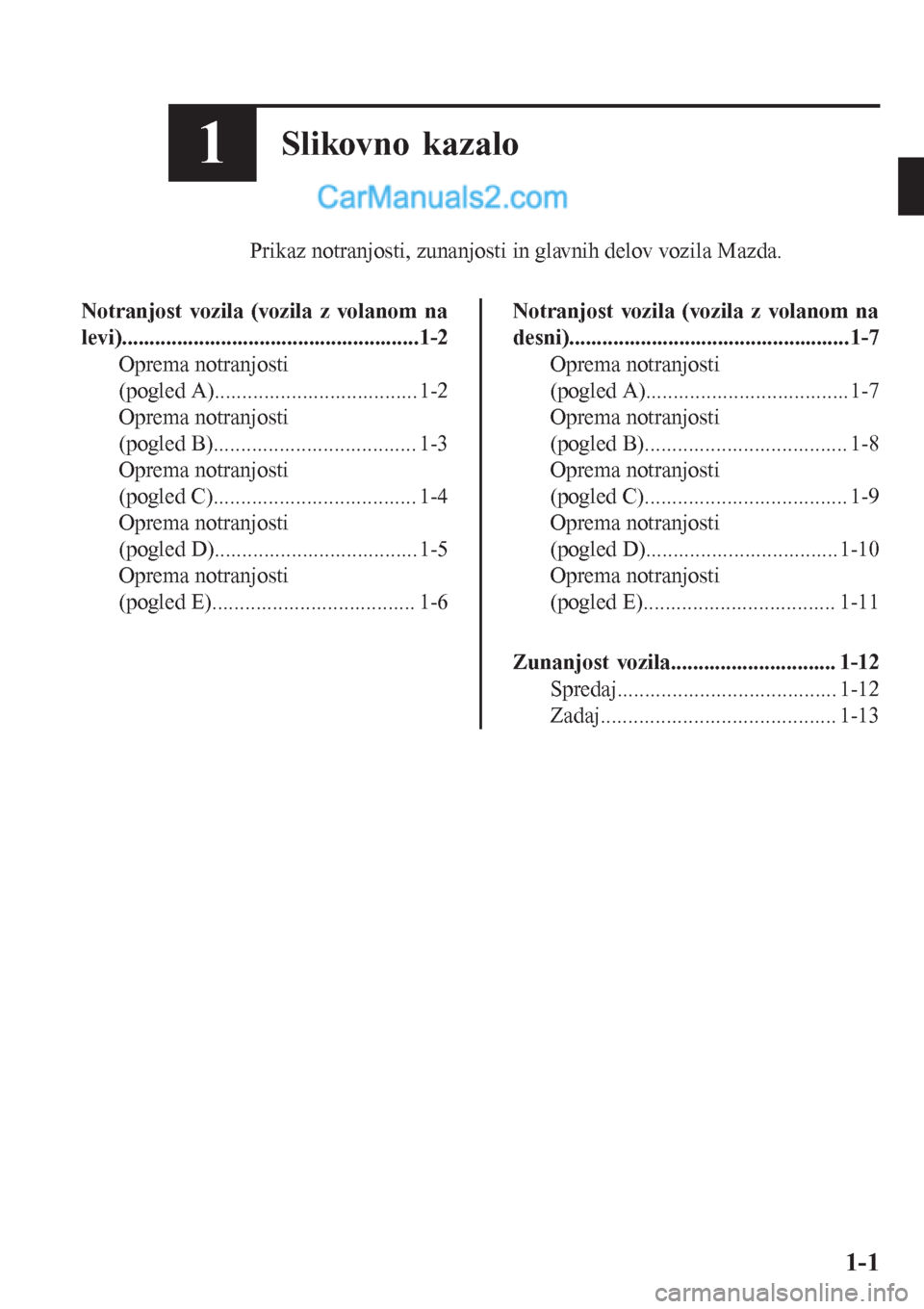 MAZDA MODEL CX-5 2017  Priročnik za lastnika (in Slovenian) 1Slikovno kazalo
Prikaz notranjosti, zunanjosti in glavnih delov vozila Mazda.
Notranjost vozila (vozila z volanom na
levi)......................................................1-2
Oprema notranjosti

