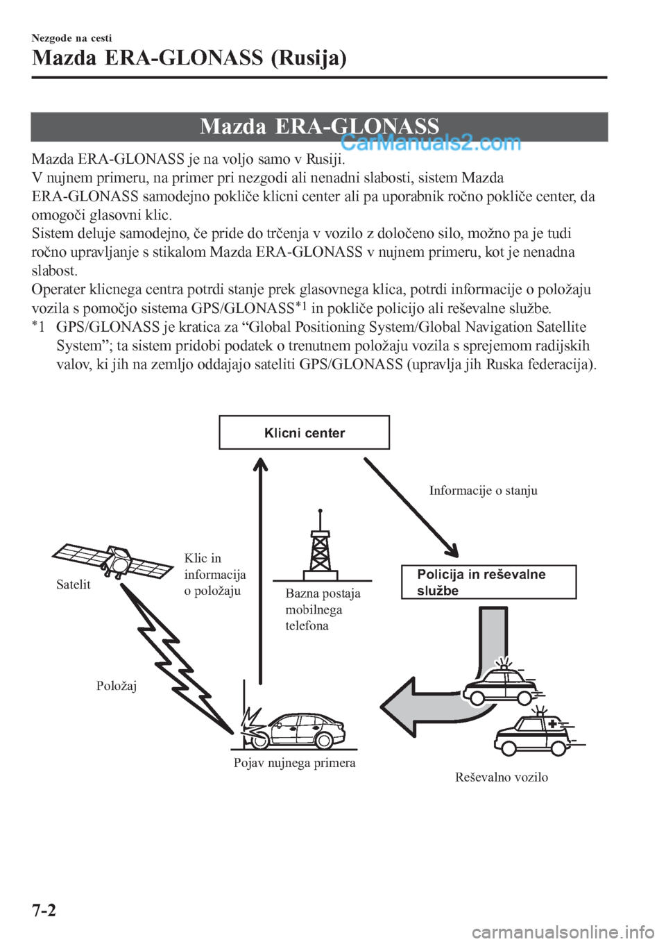 MAZDA MODEL CX-5 2017 Priročnik za lastnika (in Slovenian) Mazda ERA-GLONASS
Mazda ERA-GLONASS je na voljo samo v Rusiji.
V nujnem primeru, na primer pri nezgodi ali nenadni slabosti, sistem Mazda
ERA-GLONASS samodejno pokliče klicni center ali pa uporabnik MAZDA MODEL CX-5 2017 Priročnik za lastnika (in Slovenian) Mazda ERA-GLONASS
Mazda ERA-GLONASS je na voljo samo v Rusiji.
V nujnem primeru, na primer pri nezgodi ali nenadni slabosti, sistem Mazda
ERA-GLONASS samodejno pokliče klicni center ali pa uporabnik