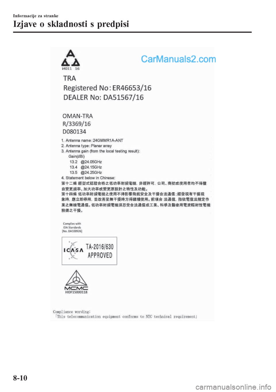 MAZDA MODEL CX-5 2017  Priročnik za lastnika (in Slovenian) Informacije za stranke
Izjave o skladnosti s predpisi
8-10  