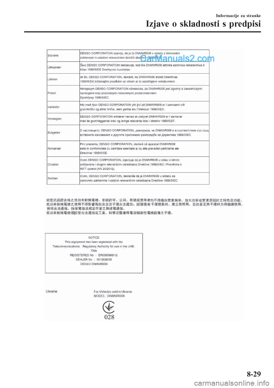 MAZDA MODEL CX-5 2017  Priročnik za lastnika (in Slovenian) Informacije za stranke
Izjave o skladnosti s predpisi
8-29  