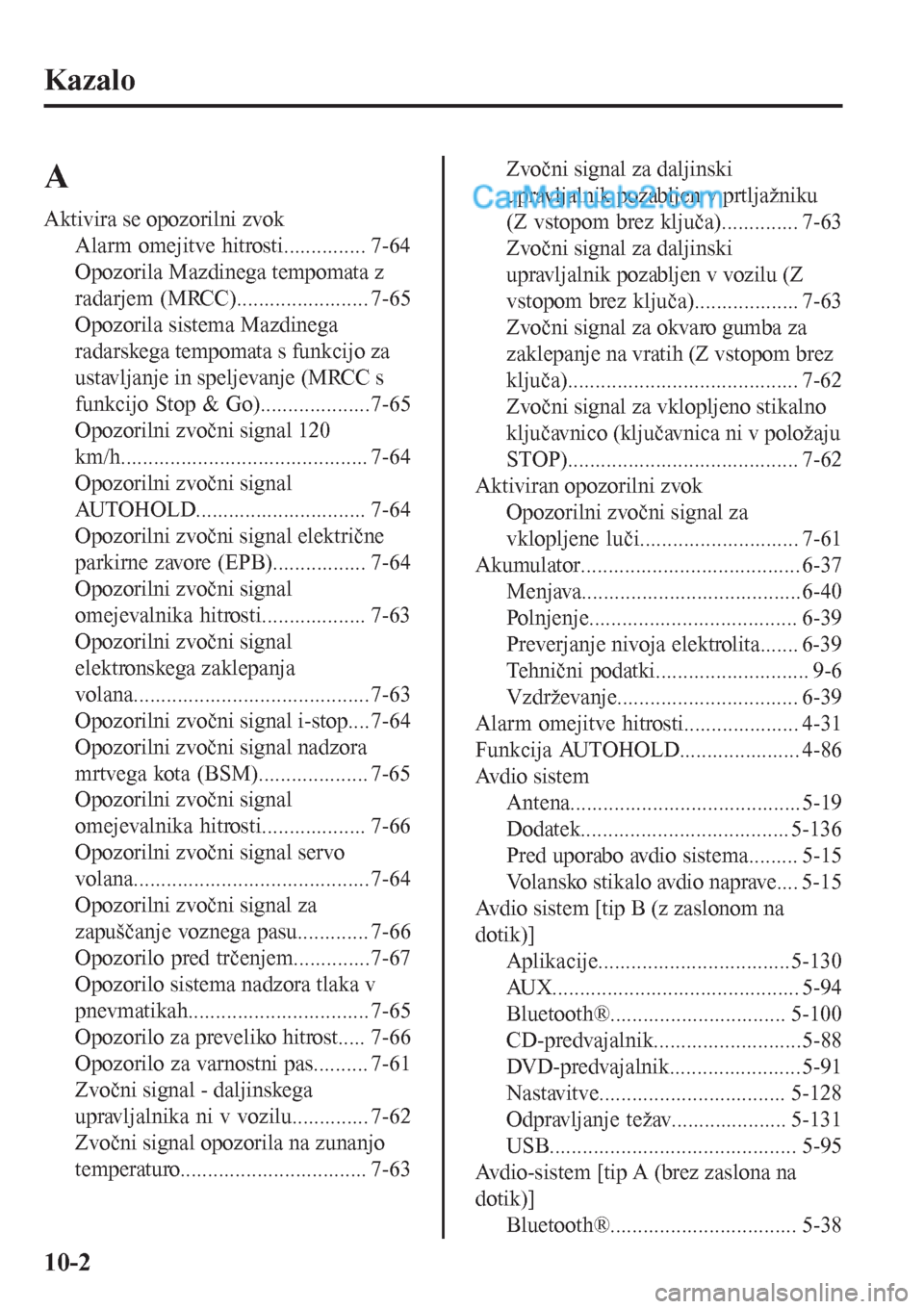 MAZDA MODEL CX-5 2017 Priročnik za lastnika (in Slovenian) Kazalo
A
Aktivira se opozorilni zvok
Alarm omejitve hitrosti............... 7-64
Opozorila Mazdinega tempomata z
radarjem (MRCC)........................ 7-65
Opozorila sistema Mazdinega
radarskega tem MAZDA MODEL CX-5 2017 Priročnik za lastnika (in Slovenian) Kazalo
A
Aktivira se opozorilni zvok
Alarm omejitve hitrosti............... 7-64
Opozorila Mazdinega tempomata z
radarjem (MRCC)........................ 7-65
Opozorila sistema Mazdinega
radarskega tem