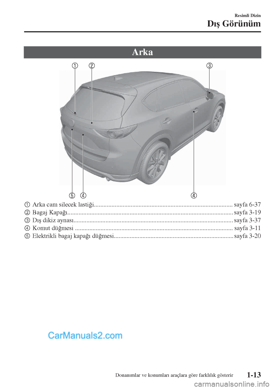 MAZDA MODEL CX-5 2017  Kullanım Kılavuzu (in Turkish) Arka
pArka cam silecek lasti�÷i....................................................................................... sayfa 6-37
qBagaj Kapa�÷�Õ..................................................