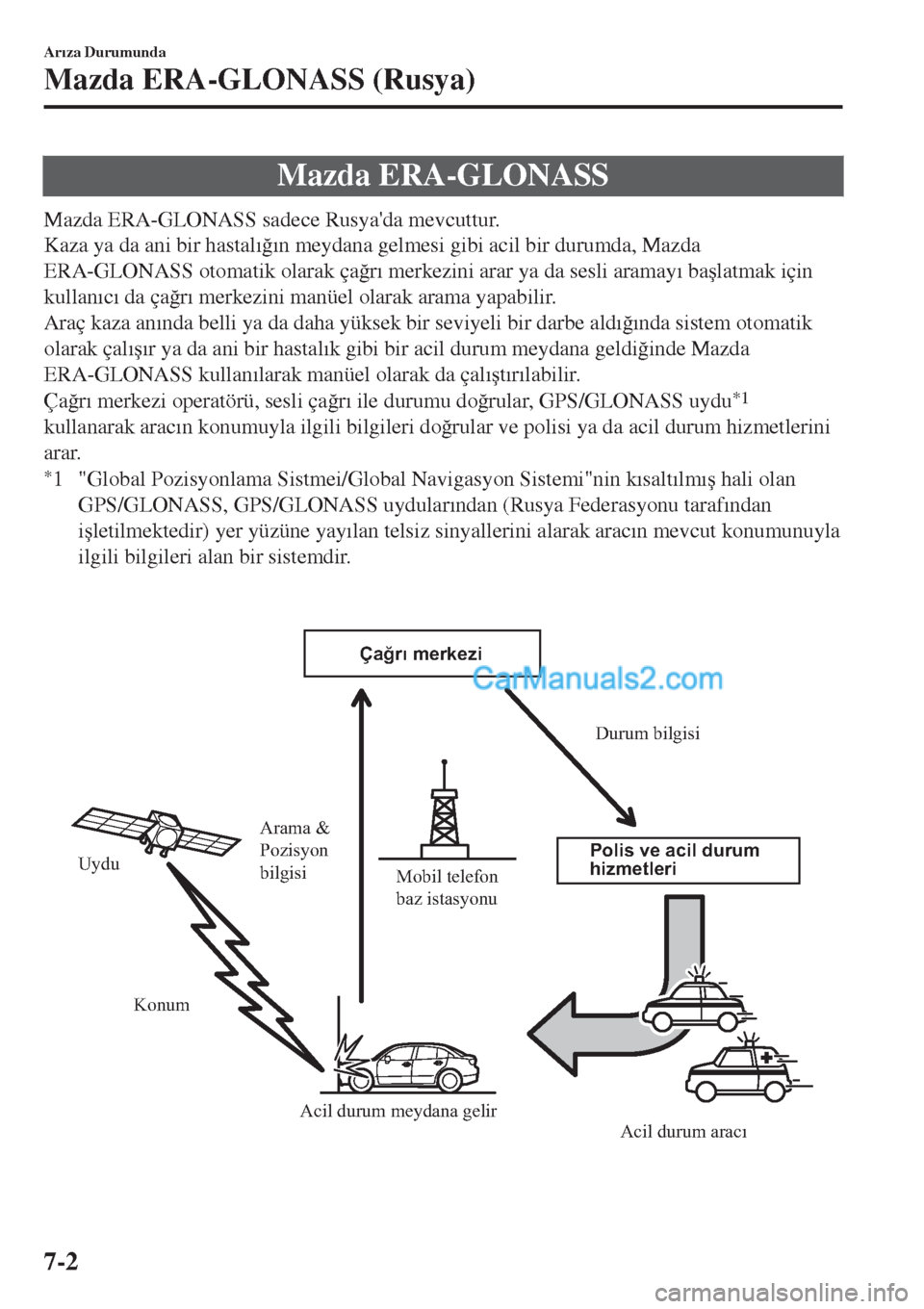 MAZDA MODEL CX-5 2017  Kullanım Kılavuzu (in Turkish) Mazda ERA-GLONASS
Mazda ERA-GLONASS sadece Rusyada mevcuttur.
Kaza ya da ani bir hastal�Õ�÷�Õn meydana gelmesi gibi acil bir durumda, Mazda
ERA-GLONASS otomatik olarak ça�÷r�Õ merkezini arar ya