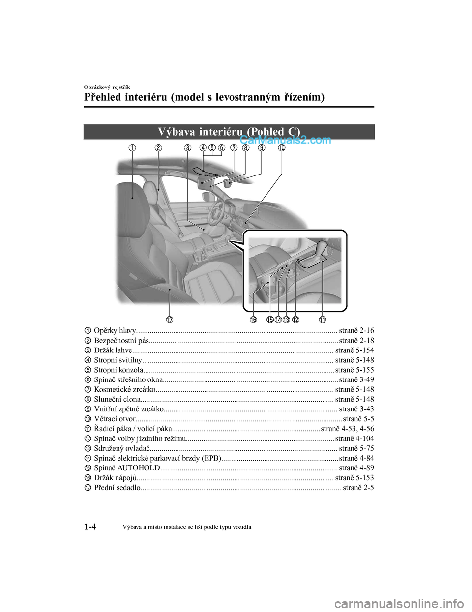 MAZDA MODEL CX-5 2017  Návod k obsluze (in Czech) Výbava interiéru (Pohled C)
①Opěrky hlavy....................................................................................................... straně 2-16
② Bezpečnostní pás..............
