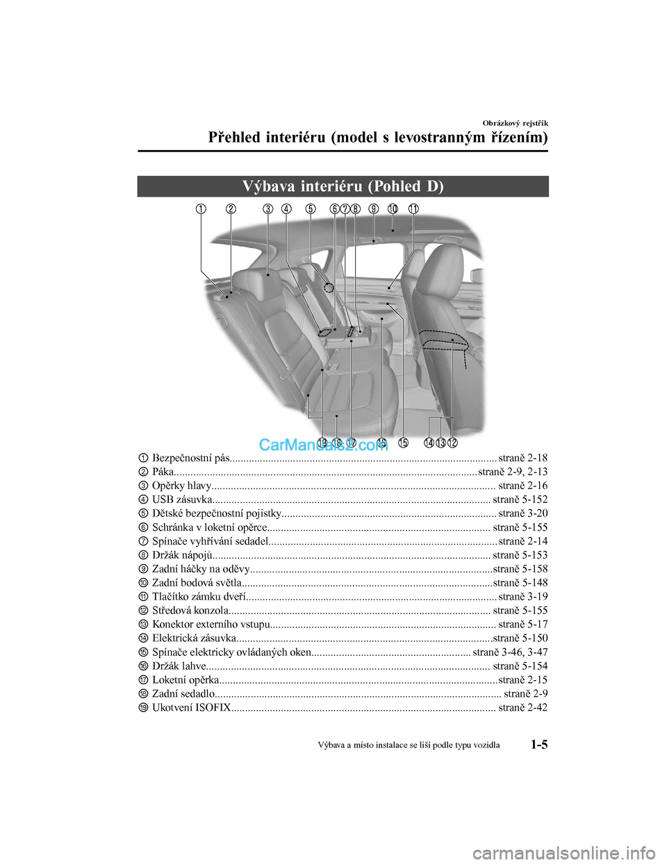 MAZDA MODEL CX-5 2017  Návod k obsluze (in Czech) Výbava interiéru (Pohled D)
①Bezpečnostní pás................................................................................................. straně 2-18
② Páka............................