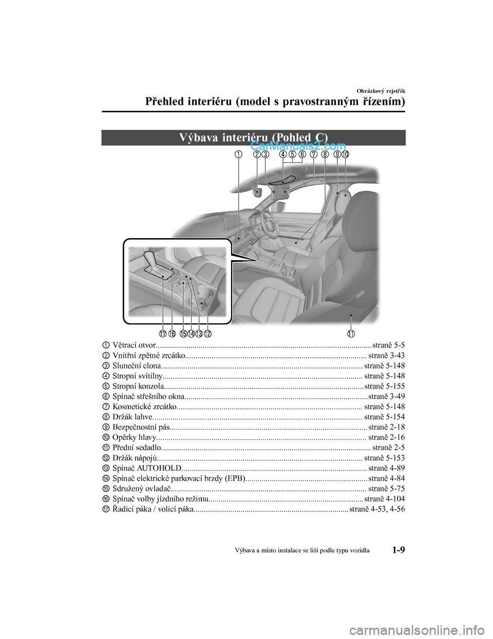 MAZDA MODEL CX-5 2017  Návod k obsluze (in Czech) Výbava interiéru (Pohled C)
①Větrací otvor.......................................................................................................... straně 5 -5
② Vnitřní zpětné zrcátko.