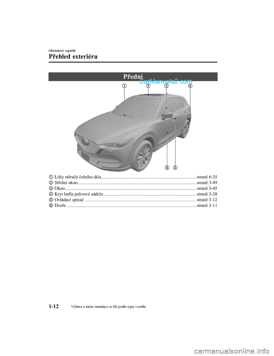 MAZDA MODEL CX-5 2017  Návod k obsluze (in Czech) Přední
①Lišty stěračů čelního skla.............................. ...................................................... straně 6-35
② Střešní okno......................................