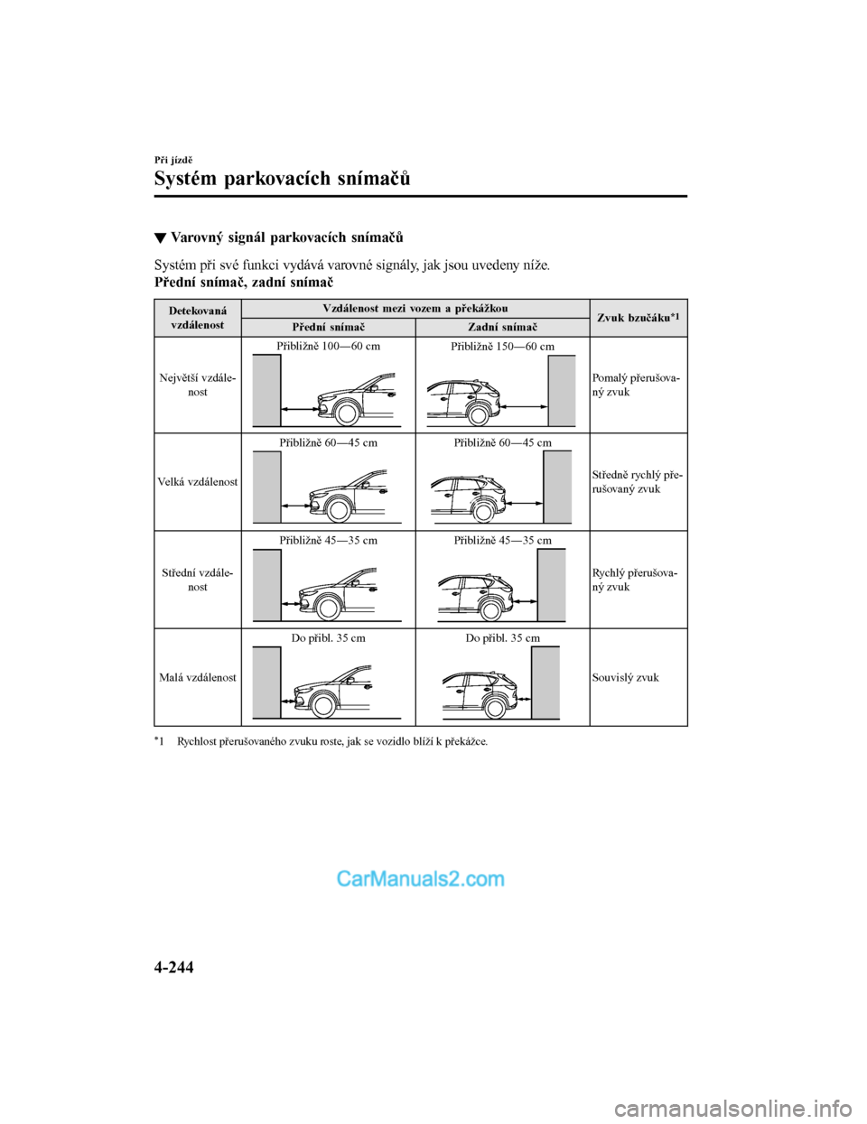 MAZDA MODEL CX-5 2017  Návod k obsluze (in Czech) ▼Varovný signál parkovacích snímačů
Systém při své funkci vydává varovné signály, jak jsou uvedeny níže.
Přední snímač, zadní snímač
Detekovaná
vzdálenost Vzdálenost mezi vo