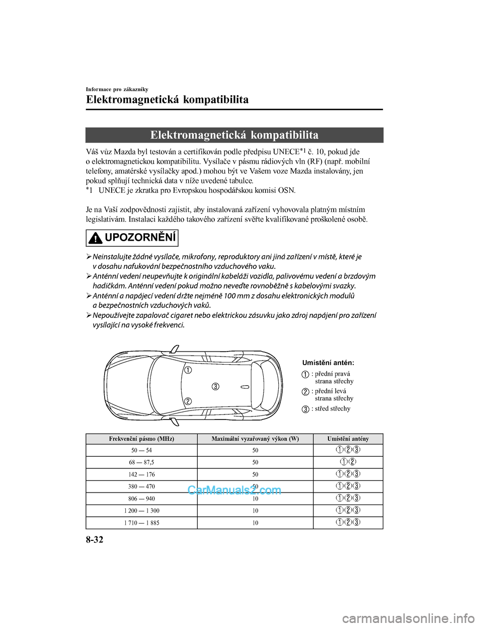 MAZDA MODEL CX-5 2017  Návod k obsluze (in Czech) Elektromagnetická kompatibilita
Váš vůz Mazda byl testován a certifikován podle předpisu UNECE*1 č. 10, pokud jde
o elektromagnetickou kompatibilitu. Vysílače v pásmu rádiových vln (RF) (