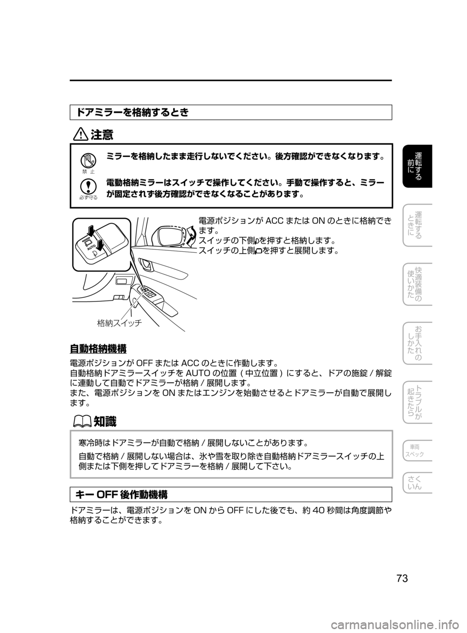 MAZDA MODEL CX-5 2017  取扱説明書 (in Japanese) 73
運転する
﻿﻿
前に
運転する
﻿﻿
ときに
快適装備の
使いかた
お手入れの
しかた
トラブルが
起きたら
車両
スペック
さく
いん
ドアミラーを格