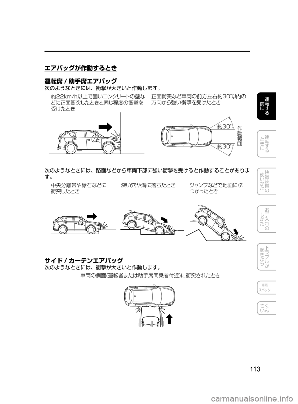 MAZDA MODEL CX-5 2017  取扱説明書 (in Japanese) 11 3
運転する
﻿﻿
前に
運転する
﻿﻿
ときに
快適装備の
使いかた
お手入れの
しかた
トラブルが
起きたら
車両
スペック
さく
いん
エアバッグが