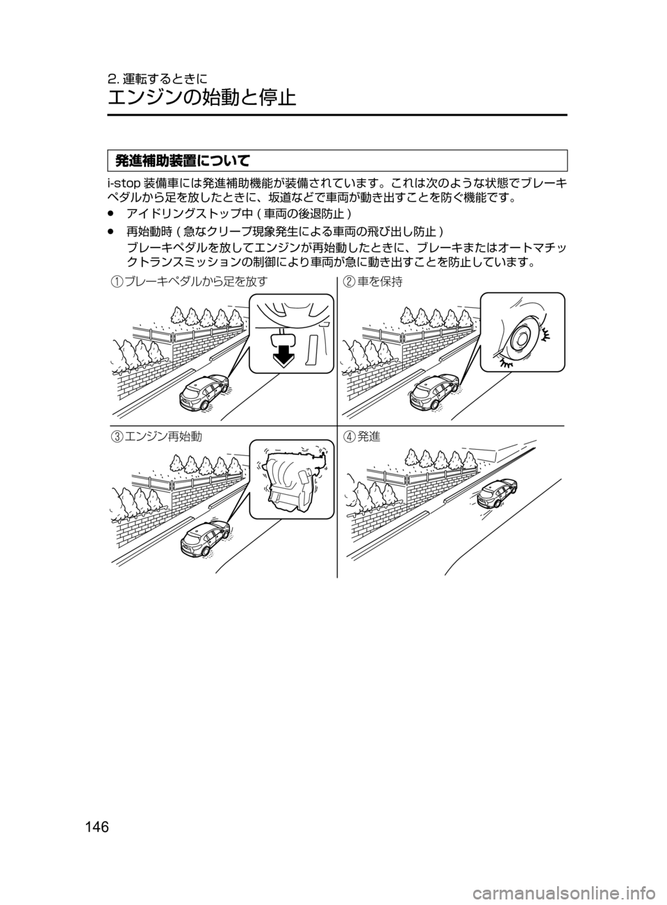 MAZDA MODEL CX-5 2017  取扱説明書 (in Japanese) 146
2. 運転するときに
エンジンの始動と停止
発進補助装置について
i-stop 装備車には発進補助機能が装備されています。これは次のような状態でブレ