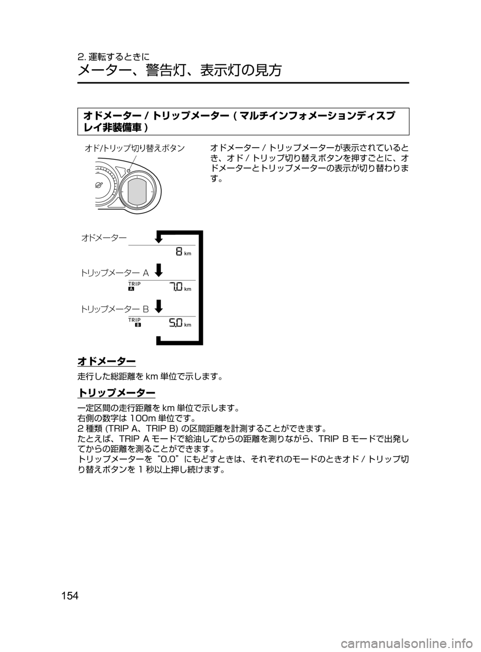 MAZDA MODEL CX-5 2017  取扱説明書 (in Japanese) 154
2. 運転するときに
メーター､ 警告灯､ 表示灯の見方
オドメーター / トリップメーター ( マルチインフォメーションディスプ
レイ非装備車 )
¦