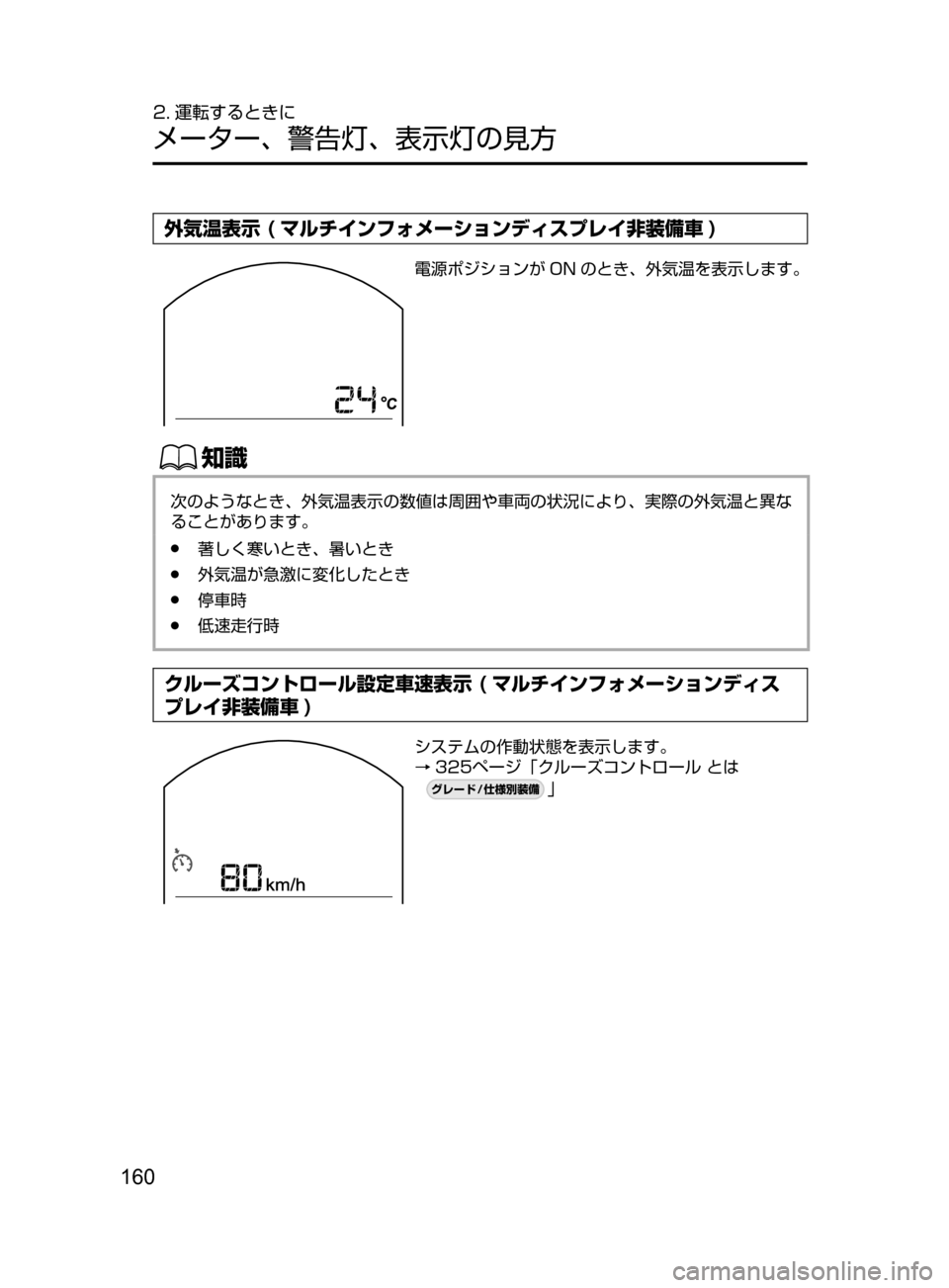 MAZDA MODEL CX-5 2017  取扱説明書 (in Japanese) 160
2. 運転するときに
メーター､ 警告灯､ 表示灯の見方
外気温表示 ( マルチインフォメーションディスプレイ非装備車 )
電源ポジションが ON のと