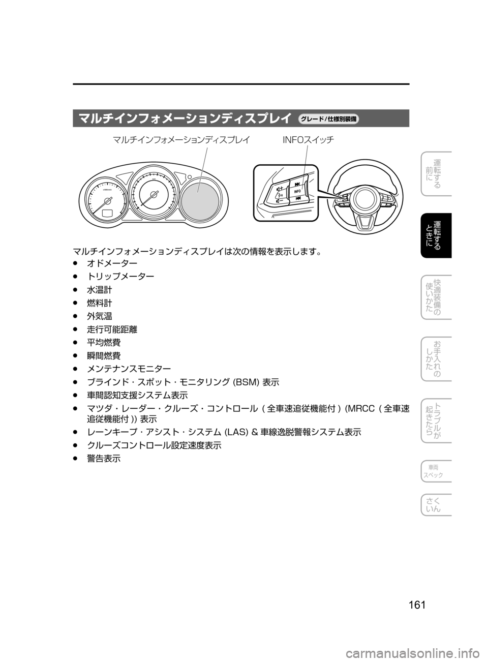 MAZDA MODEL CX-5 2017  取扱説明書 (in Japanese) 161
運転する
﻿﻿
前に
運転する
﻿﻿
ときに
快適装備の
使いかた
お手入れの
しかた
トラブルが
起きたら
車両
スペック
さく
いん
マルチインフォ