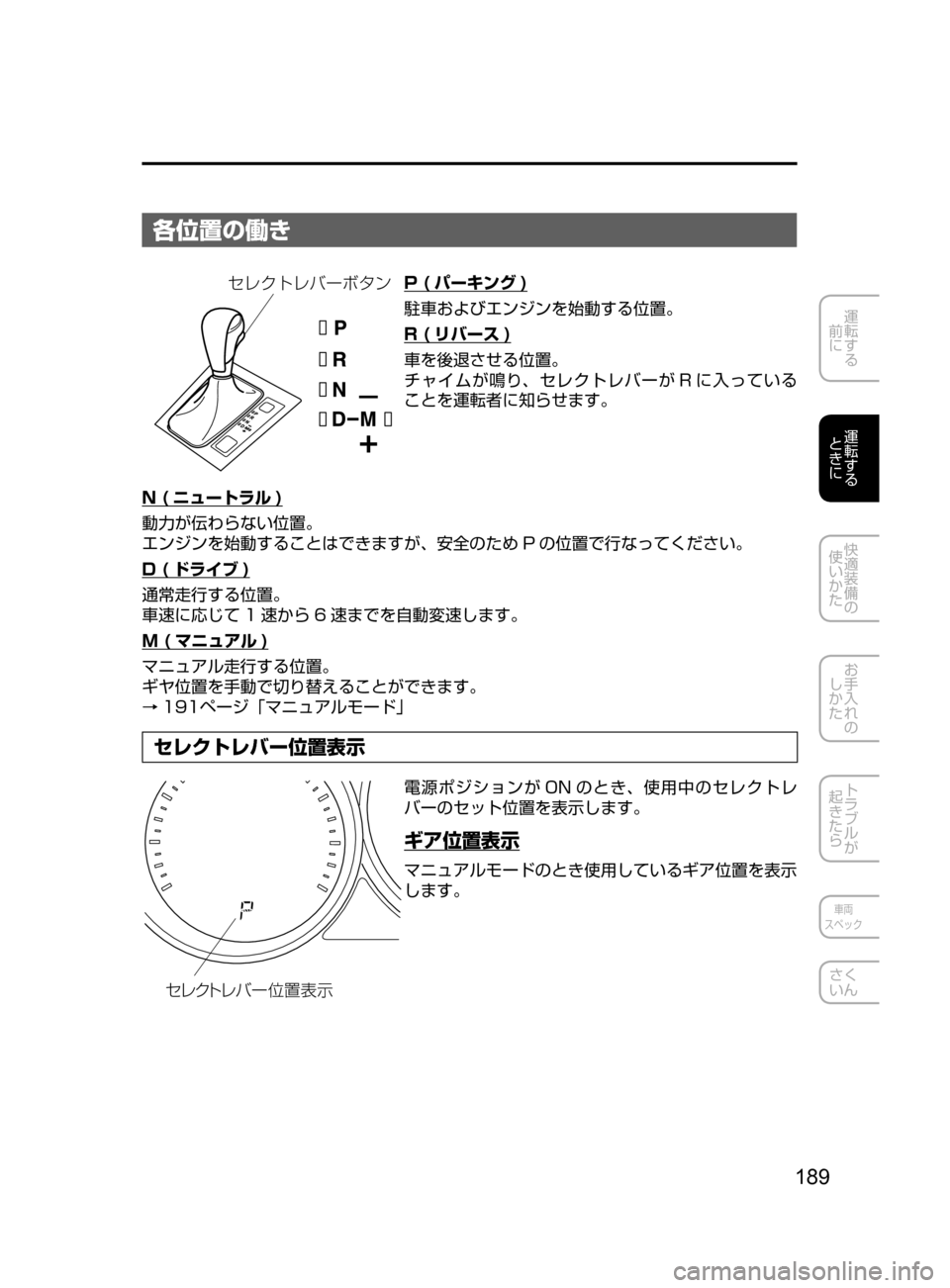 MAZDA MODEL CX-5 2017  取扱説明書 (in Japanese) 189
運転する
﻿﻿
前に
運転する
﻿﻿
ときに
快適装備の
使いかた
お手入れの
しかた
トラブルが
起きたら
車両
スペック
さく
いん
各位置の働き
