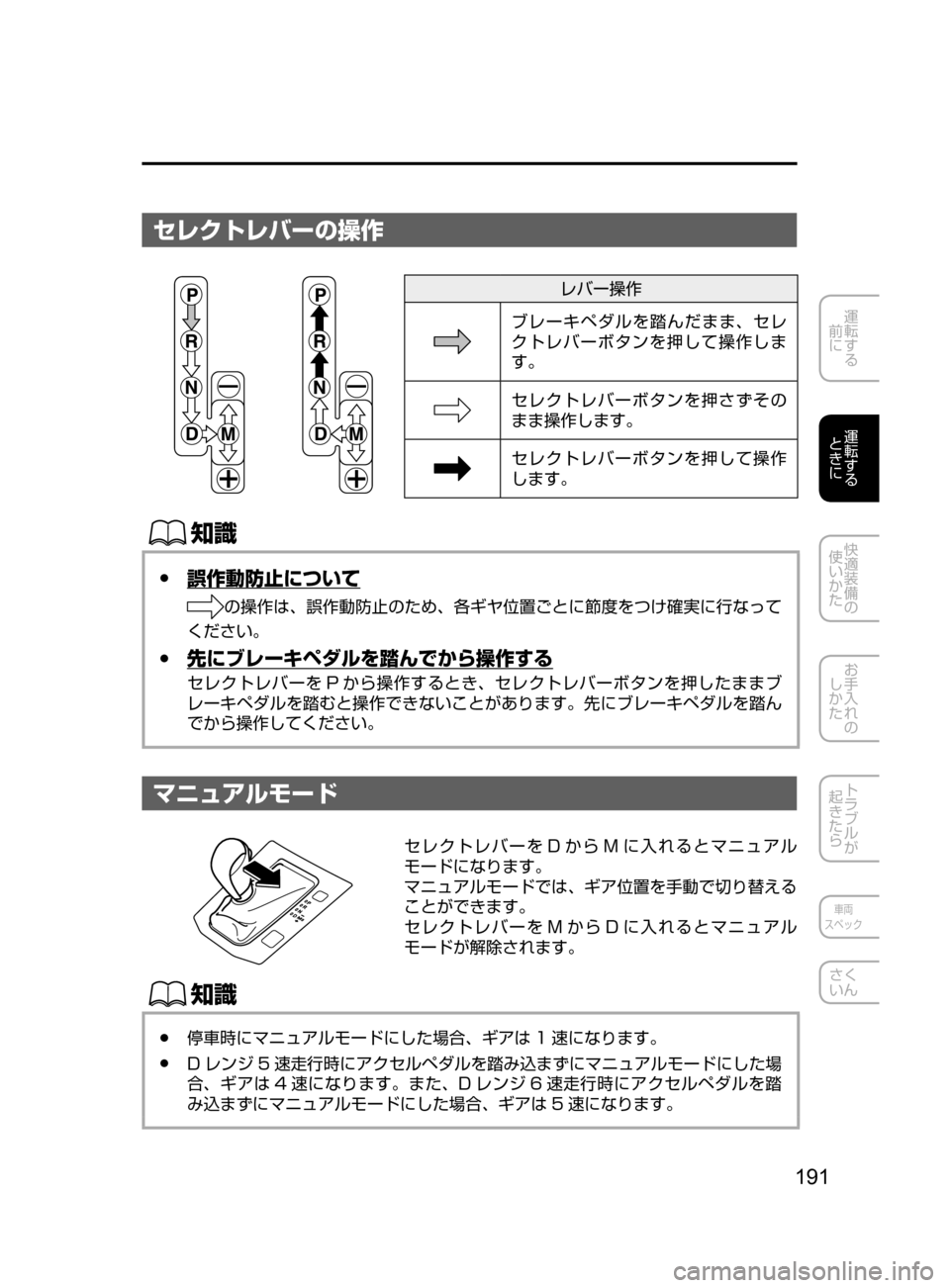 MAZDA MODEL CX-5 2017  取扱説明書 (in Japanese) 191
運転する
﻿﻿
前に
運転する
﻿﻿
ときに
快適装備の
使いかた
お手入れの
しかた
トラブルが
起きたら
車両
スペック
さく
いん
セレクトレバー