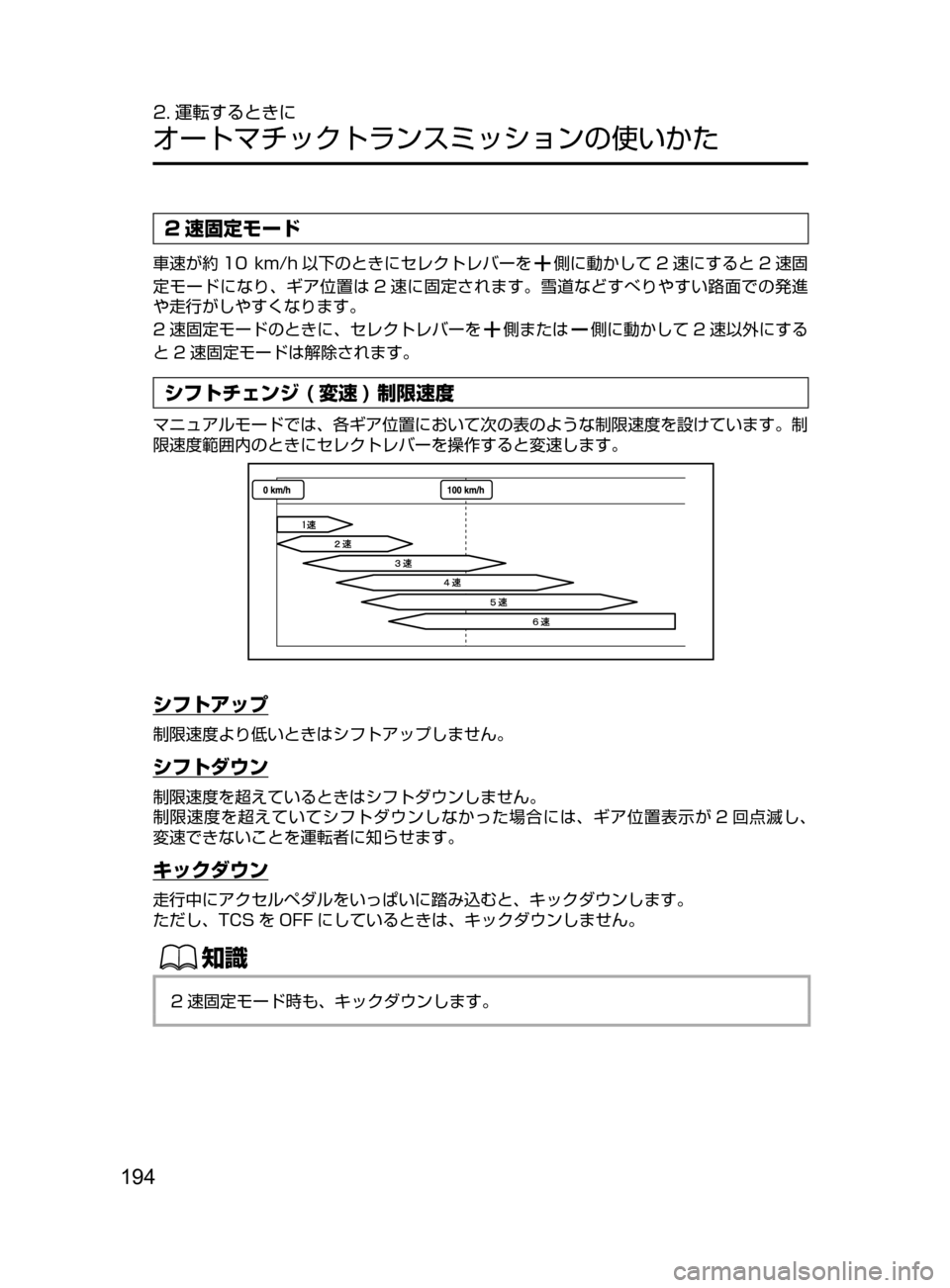 MAZDA MODEL CX-5 2017  取扱説明書 (in Japanese) 194
2. 運転するときに
オートマチックトランスミッションの使いかた
2 速固定モード
車速が約 10﻿﻿km/h 以下のときにセレクトレバーを側に動かして