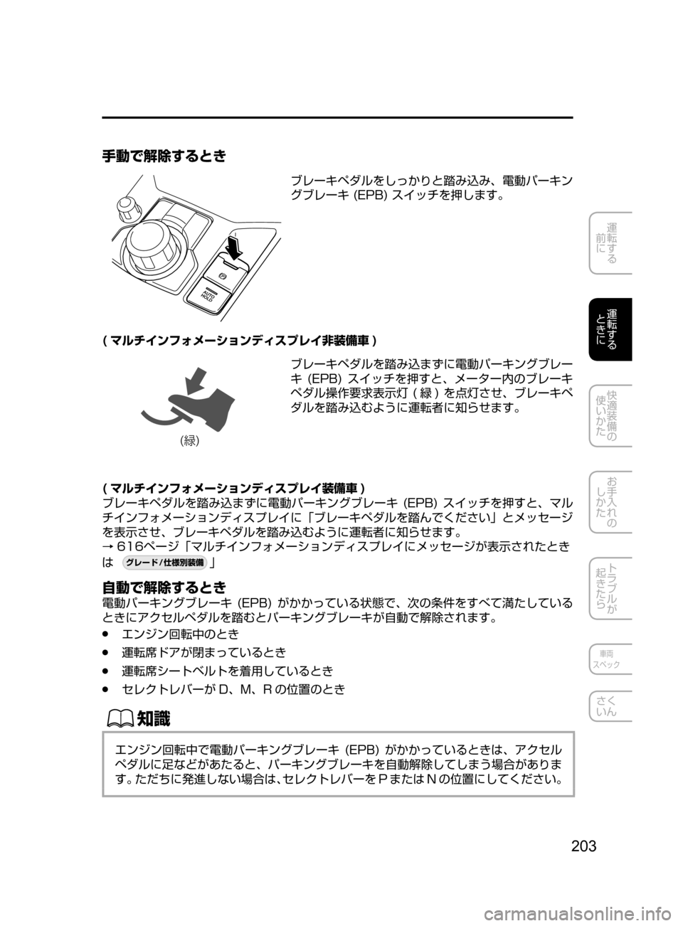 MAZDA MODEL CX-5 2017  取扱説明書 (in Japanese) 203
運転する
﻿﻿
前に
運転する
﻿﻿
ときに
快適装備の
使いかた
お手入れの
しかた
トラブルが
起きたら
車両
スペック
さく
いん
手動で解除する
