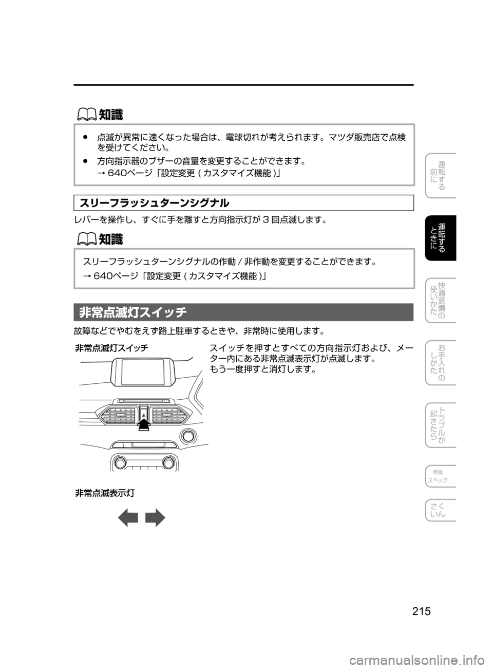 MAZDA MODEL CX-5 2017  取扱説明書 (in Japanese) 215
運転する
﻿﻿
前に
運転する
﻿﻿
ときに
快適装備の
使いかた
お手入れの
しかた
トラブルが
起きたら
車両
スペック
さく
いん
ŒÝ
﻿﻿●点