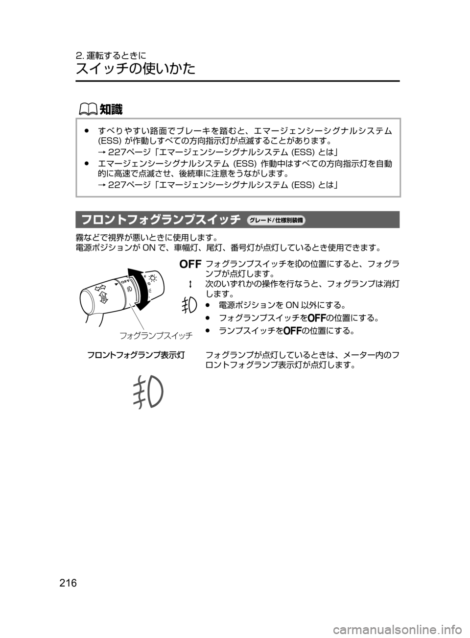 MAZDA MODEL CX-5 2017  取扱説明書 (in Japanese) 216
2. 運転するときに
スイッチの使いかた
ŒÝ
﻿﻿●すべりやすい路面でブレーキを踏むと､ エマージェンシーシグナルシステム﻿﻿
(ESS)﻿﻿が作
